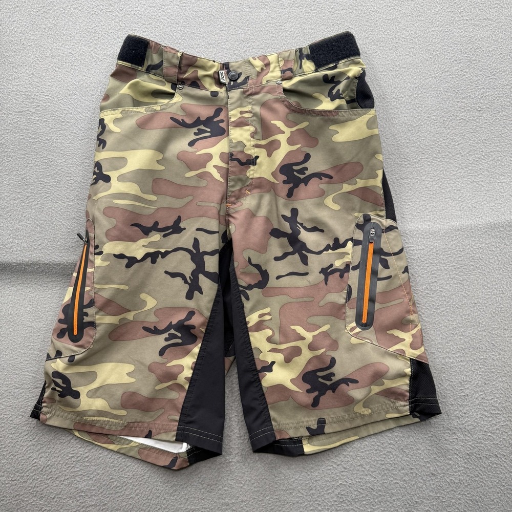 Zoic Shorts Mens Medium Green Camo Mountain Bike Zip Pockets Elastic Waist